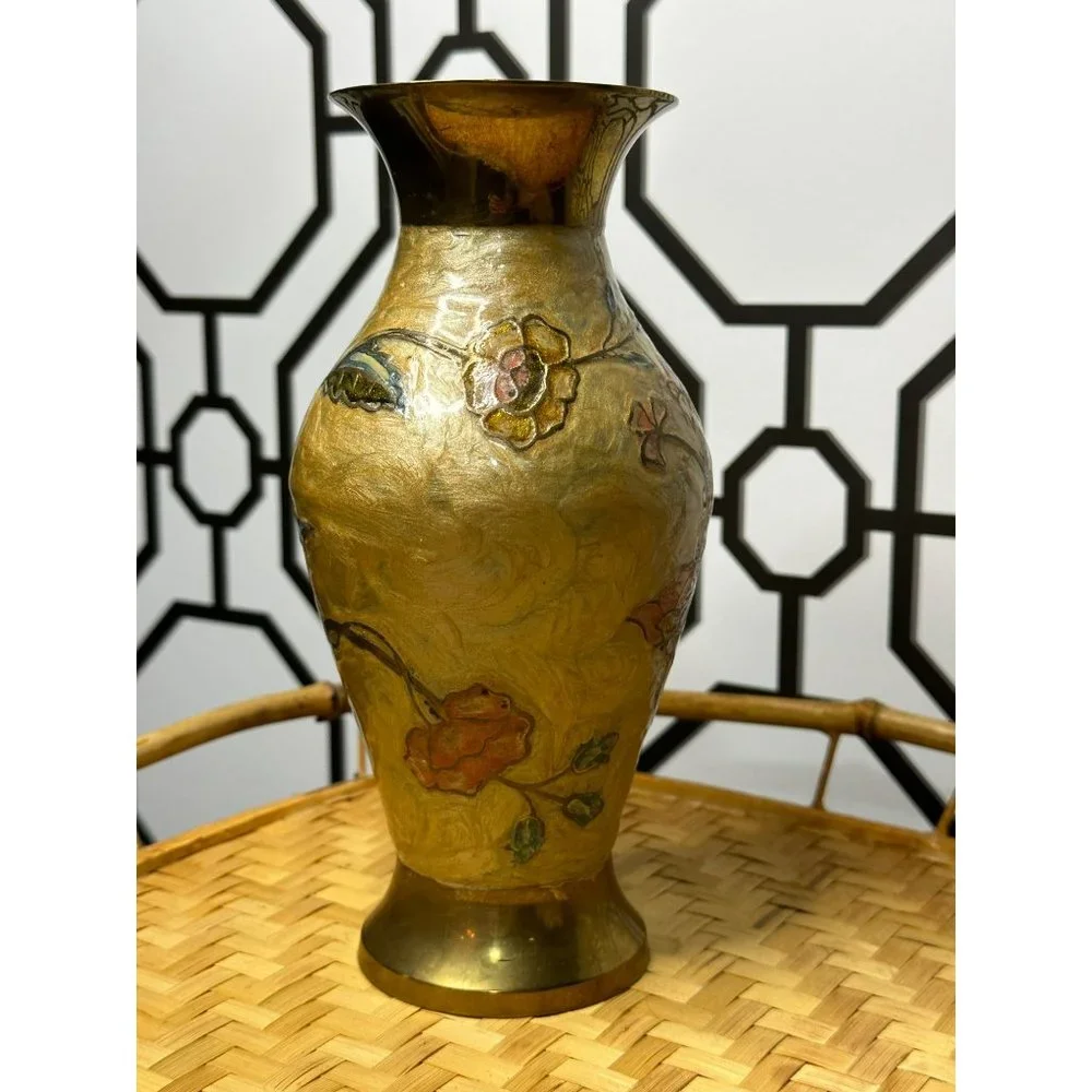 Vintage Gold Brass Vase With Enamel Flowers - BOHO Decor - Shelf Decoration - Picture 2 of 7